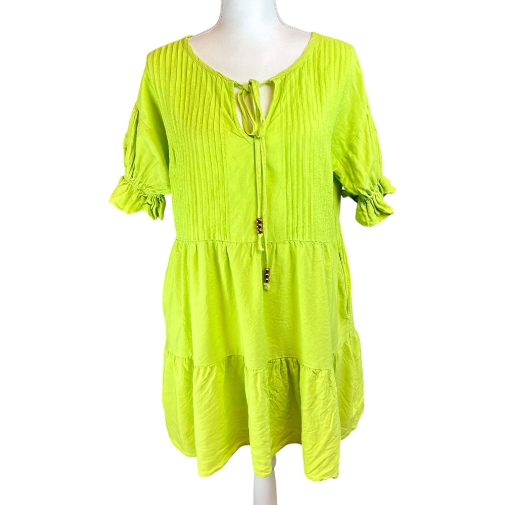 LA BOHEME GIRLS Green Linen Blend Dress S/M Mini Loose Fit Tiered Ruffles Pleats